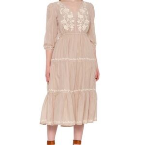 Lucky Brand Beige Embroidered Floral Midi Dress